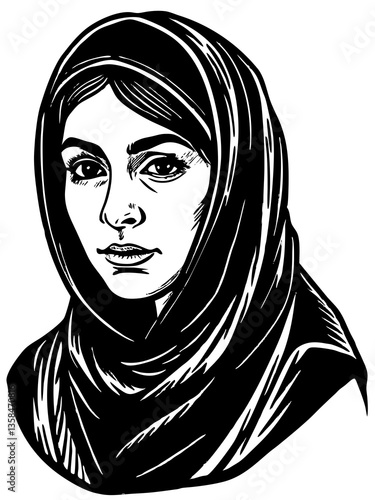 Linocut Portrait of a young muslim woman