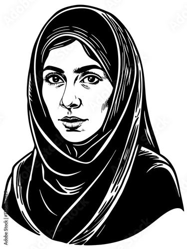 Linocut Portrait of a young muslim woman