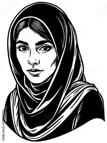 Linocut Portrait of a young muslim woman