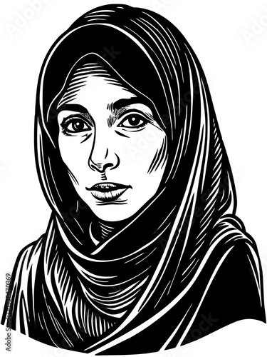 Linocut Portrait of a young muslim woman