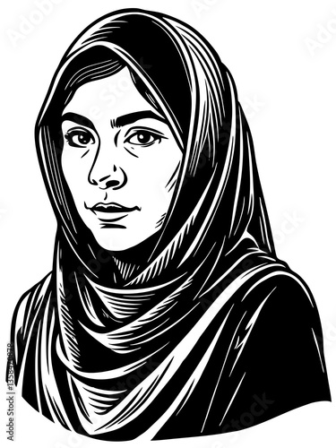 Linocut Portrait of a young muslim woman