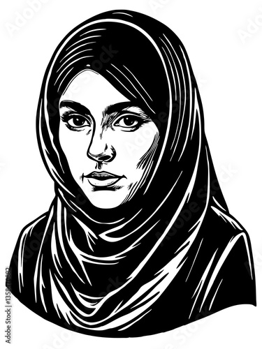 Linocut Portrait of a young muslim woman