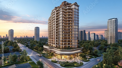 Luxurious high-rise residential building at sunset, surrounded by city skyline and greenery.