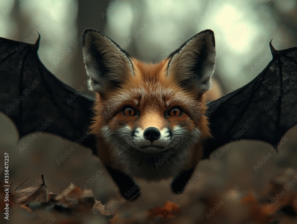 Obraz premium Surreal Image of a Fox with Bat Wings: Fantasy Halloween Concept, Forest Setting