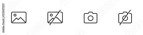 Camera icon. Gallery line icon. Camera photo icon symbol, Photo album icon no photo sign . Line outline icons, Editable stroke