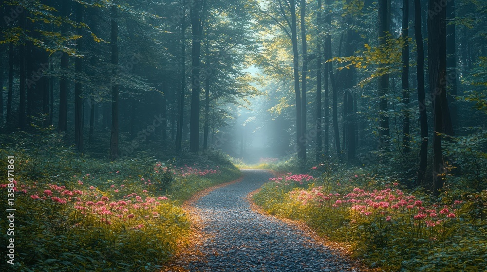 Obraz premium Misty forest path with pink flowers.