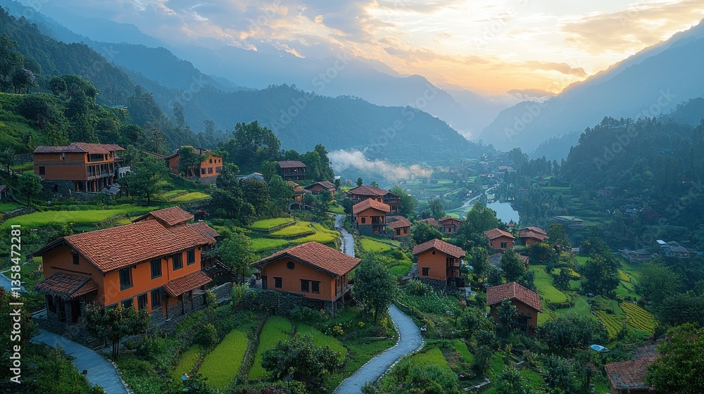 Sunset view of a mountain village with terraced rice fields and winding roads. Sunset view of a mountain village with terraced rice fields and winding roads.