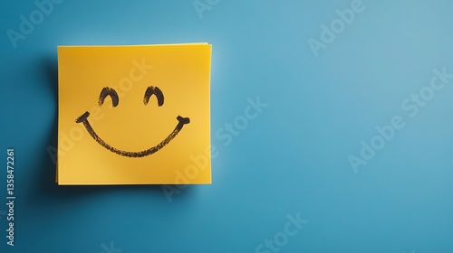 Yellow sticky note with drawn sad unhappy emoji face on blue background. 8k Resolution