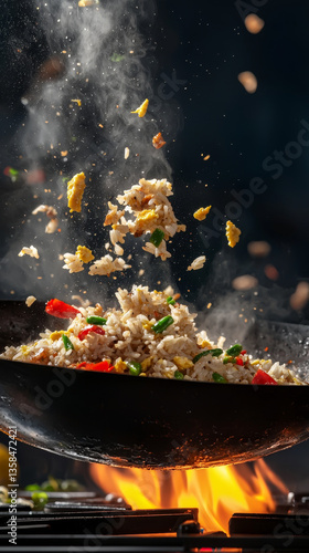 Stir-fried rice tossed in wok, fiery flames below
