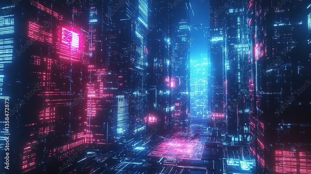 Fototapeta premium Futuristic Cybernetic Architecture with Neon Lights and Digital Aesthetics