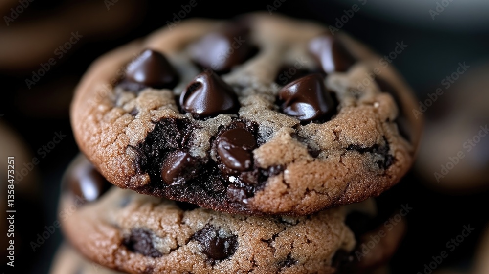 Close-up of chocolate chip cookies stacked. Soft, chewy, and delicious. Melted chocolate chips are embedded in the warm, golden-brown cookies Close-up of chocolate chip cookies stacked. Soft, chewy, and delicious. Melted chocolate chips are embedded in the warm, golden-brown cookies