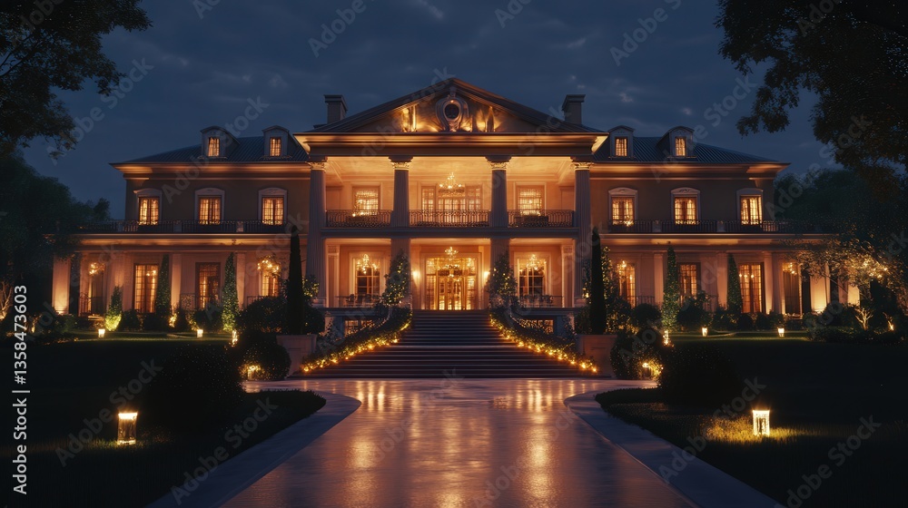 Naklejka premium opulent mansion with an expansive front lawn, stylish lighting, and a grand staircase leading to the entrance.