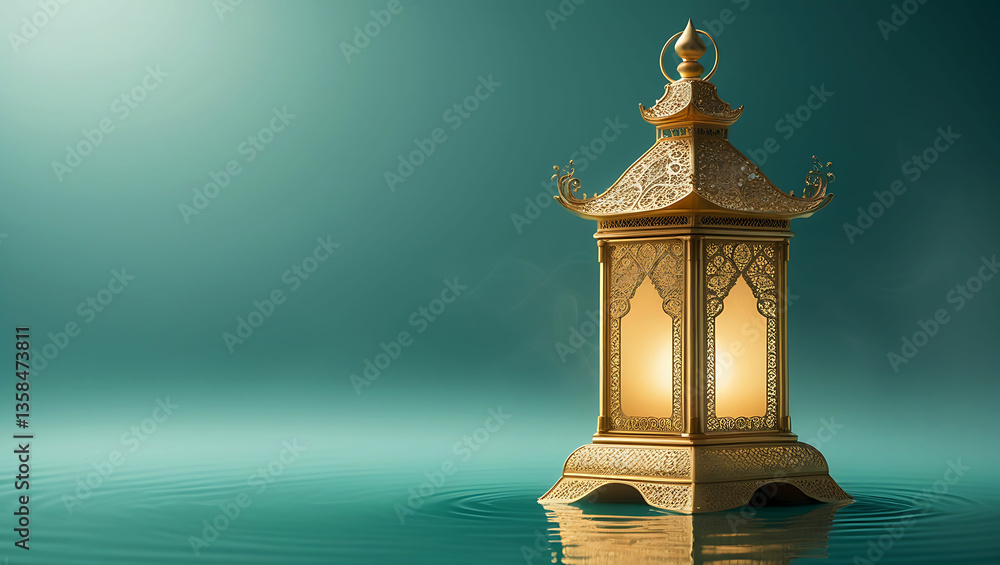 Obraz premium A golden lantern with intricate designs sitting in water against a teal colored background image scene