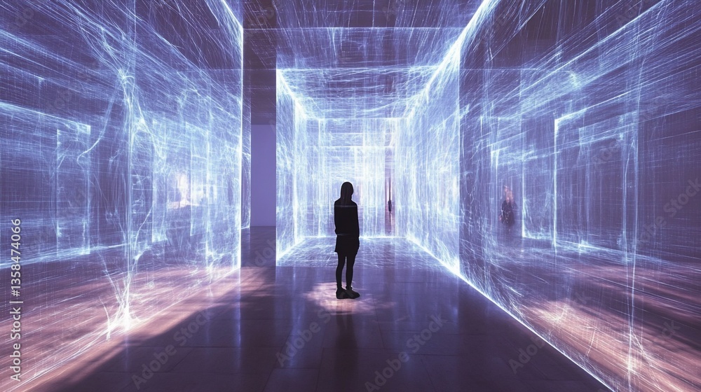 Person silhouetted in a surreal geometric space of light and reflection Person silhouetted in a surreal geometric space of light and reflection