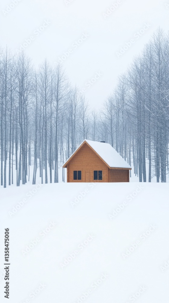 Naklejka premium Winter Cabin Retreat: Serene Wooden House in Snowy Forest Amidst Bare Trees