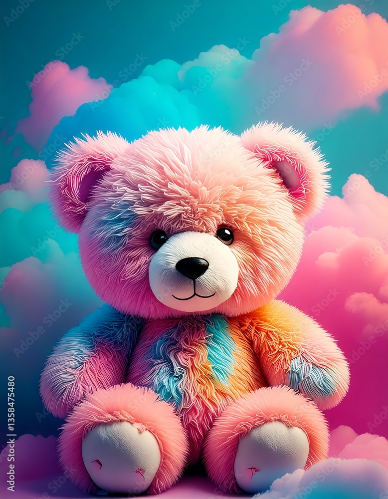 Fototapeta premium Adorable Psychedelic Teddy Bear in 4K – Fluffy Cloud Background
