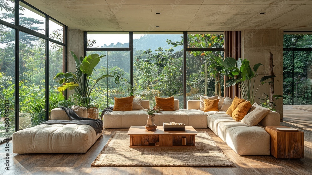 Fototapeta premium Modern living room with sectional sofa, large windows, and jungle view.
