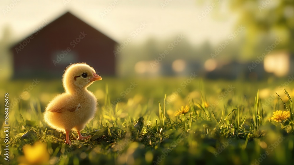 chick foraging on the farm, surrounded by lush green grass and the picturesque view of the farm buildings and open fields in the background. chick foraging on the farm, surrounded by lush green grass and the picturesque view of the farm buildings and open fields in the background.