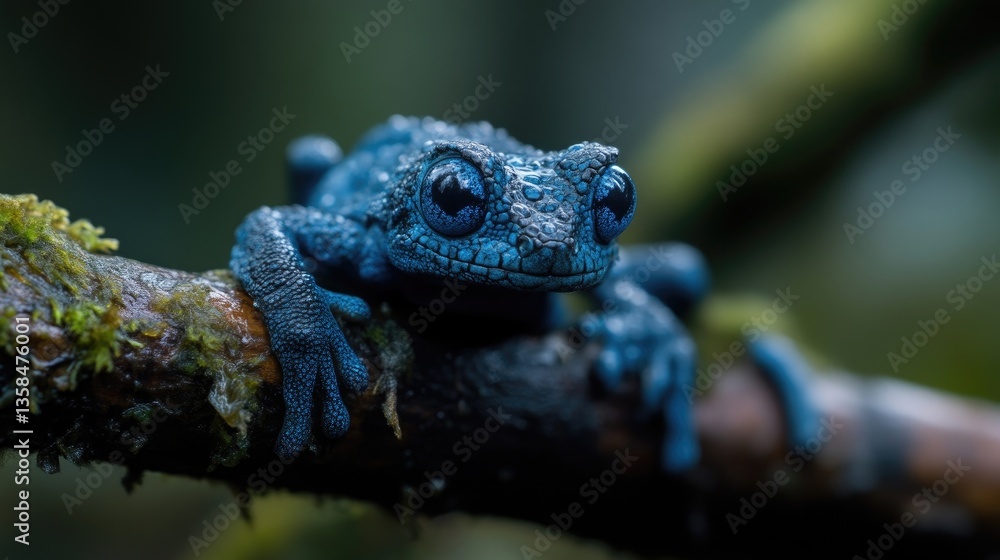 Close-up of a vibrant blue frog perched on a branch in a lush rainforest Close-up of a vibrant blue frog perched on a branch in a lush rainforest