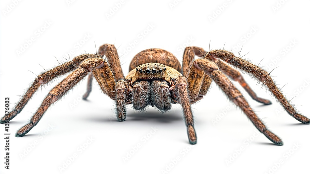 A giant spider crouched on the ground, realistic 3D rendering with sharp focus on its textured legs and body, isolated on a clean white background. A giant spider crouched on the ground, realistic 3D rendering with sharp focus on its textured legs and body, isolated on a clean white background.
