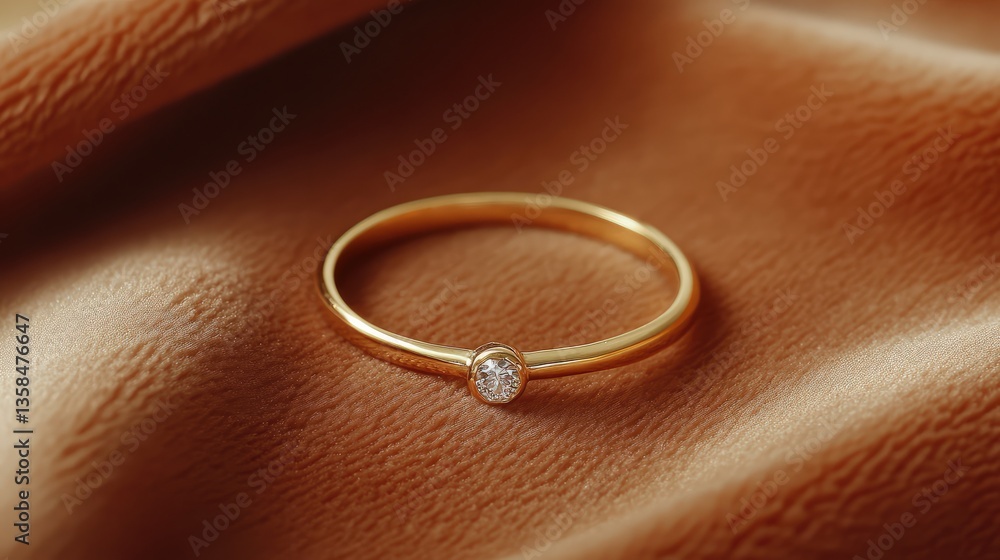 A close-up shot of a delicate gold ring with a single diamond, placed on a smooth velvet background, leaving ample space for design. A close-up shot of a delicate gold ring with a single diamond, placed on a smooth velvet background, leaving ample space for design.