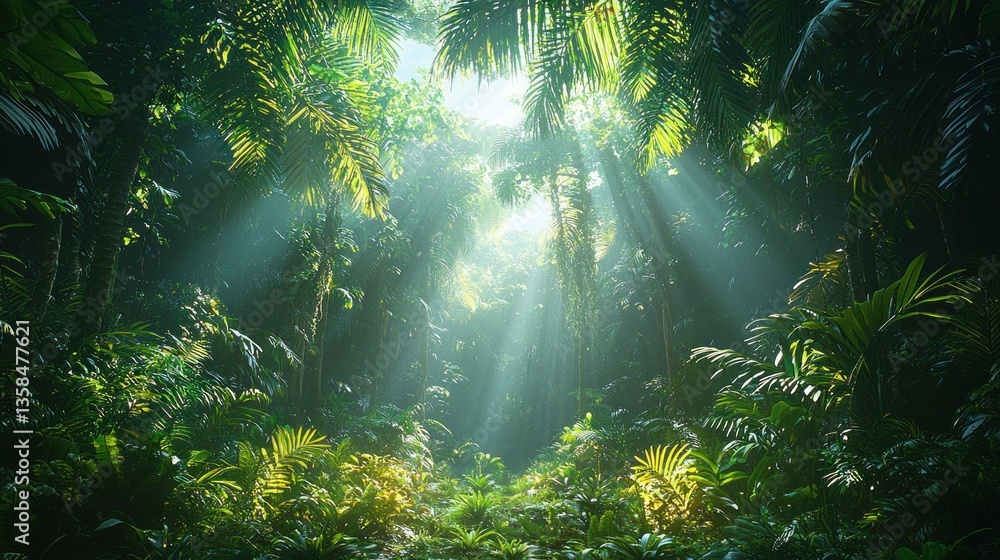 Obraz premium Sunbeams illuminate lush, green tropical jungle foliage.