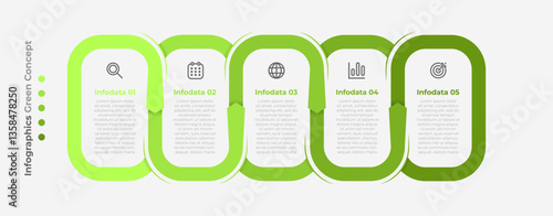 Timeline infographic template 5 step, option. Vector business green concept design with marketing icons. 