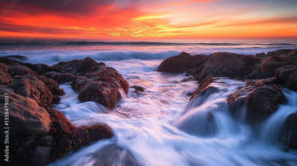Fototapeta premium Dramatic Sunset Over Rocky Coast with Crashing Waves and Serenity