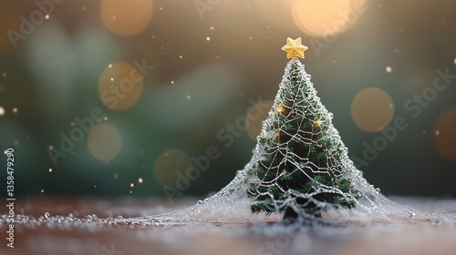 A miniature Christmas tree wrapped in a delicate spider web, moisture droplets sparkling brightly, evoking a festive yet natural aesthetic. 