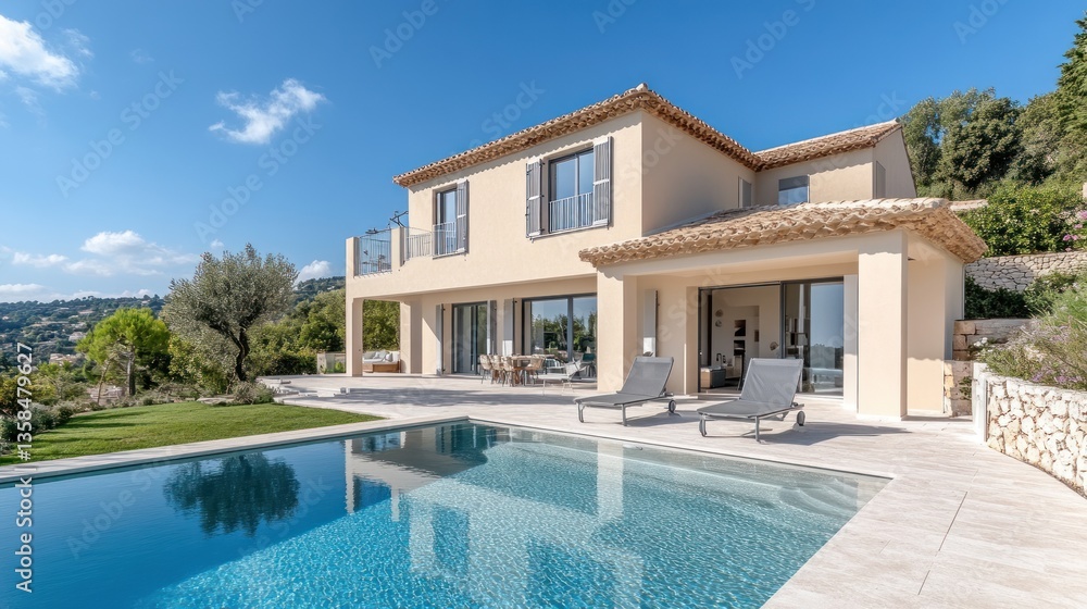 Fototapeta premium Luxury villa with infinity pool, landscaped garden, and stunning panoramic view.