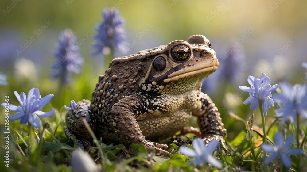 Obraz premium Sunlit Serenity: Common Toad Surrounded by Bluebells and Daisies