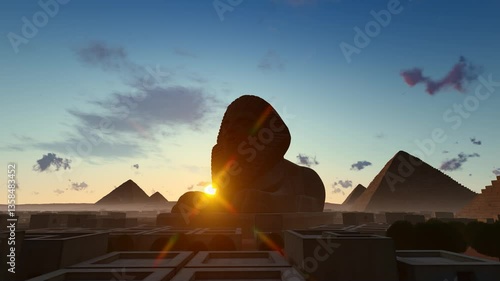 Egyptian pyramids on the Nile River at sunset