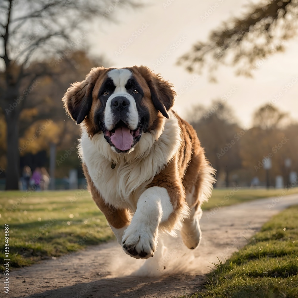 Joyful St. Bernard Running with Owner in Lively Park Joyful St. Bernard Running with Owner in Lively Park