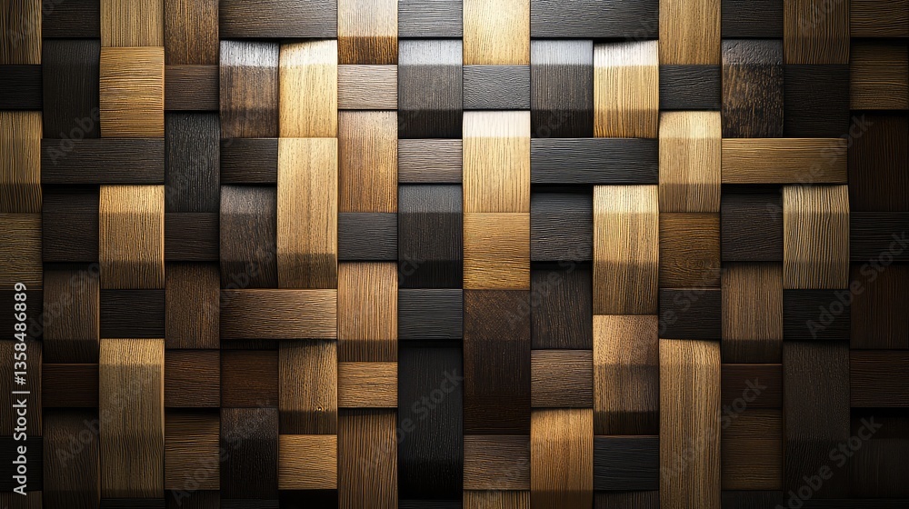 Modern geometric wooden wall with alternating dark and light wood panels in an artistic pattern. Modern geometric wooden wall with alternating dark and light wood panels in an artistic pattern.