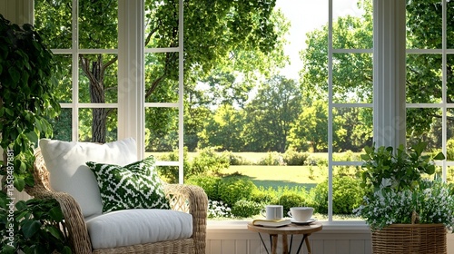 Sunlit room with wicker chair, plants, and a view of a lush green garden seen through large windows.