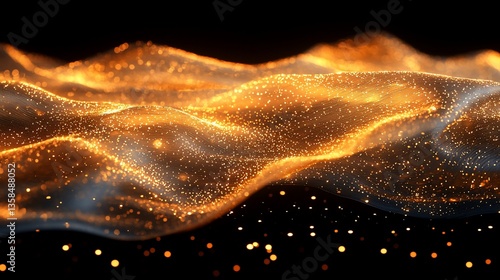 Panel kuchenny z motywem Abstract fiery waves of particles.  A dynamic, shimmering display of golden and orange particles flowing in undulating waves against a dark background.  Small, glowing specks create