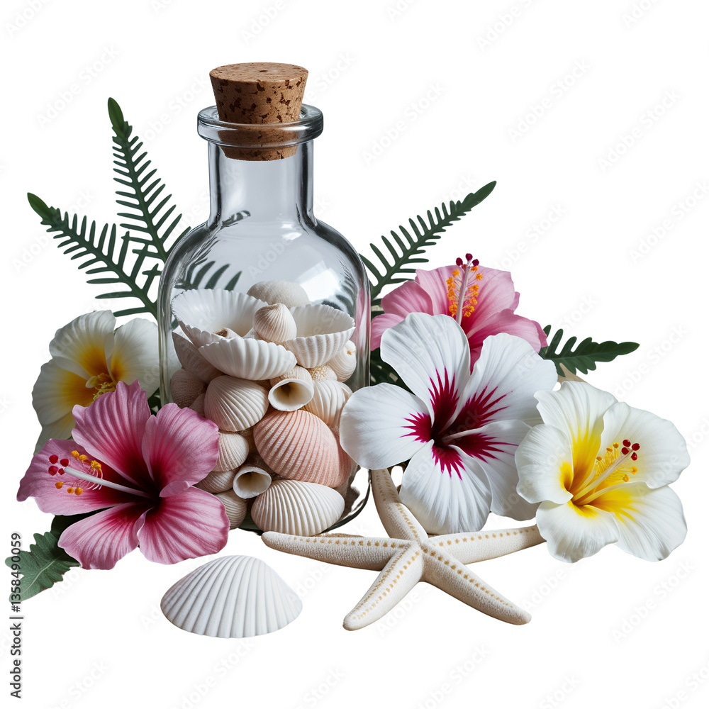 Obraz premium Seashells and Flowers in a Beach-Inspired Arrangement