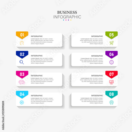 Timeline infographic design template icons with text boxes. Business concept with 8 steps.
