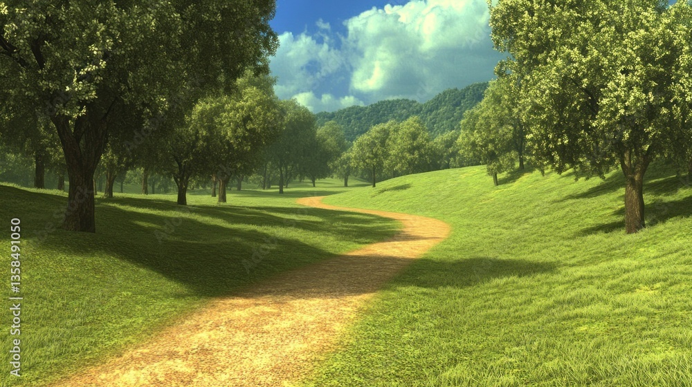 Fototapeta premium Serene Countryside Path: A digital painting of a tranquil path winding through a lush green landscape under a bright summer sky, creating a peaceful and idyllic scene.