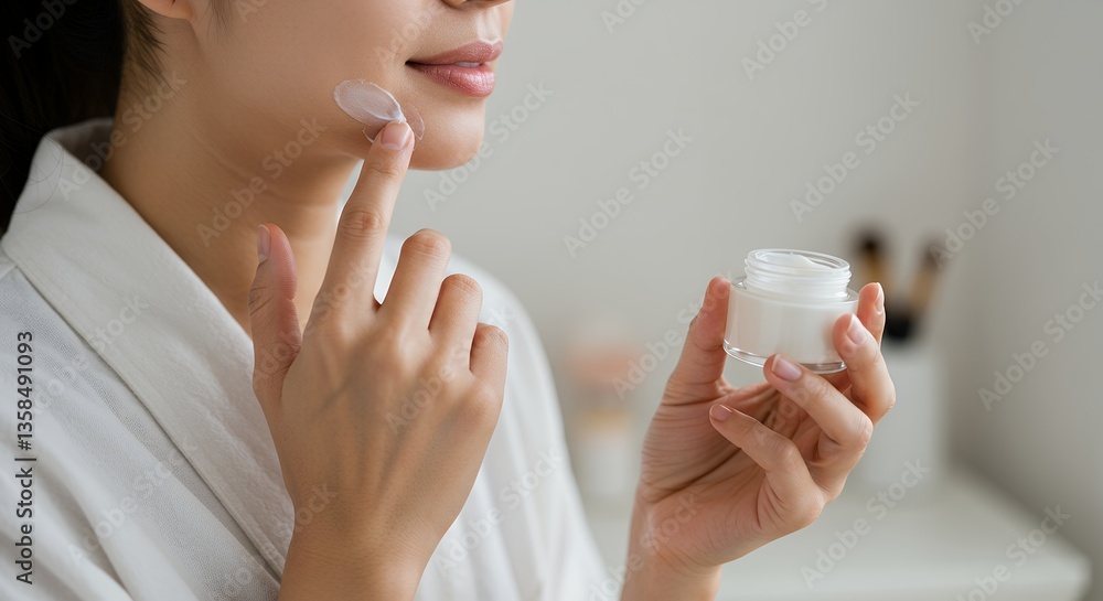 Woman applying cream on face for skincare routine in the morning indoors Woman applying cream on face for skincare routine in the morning indoors