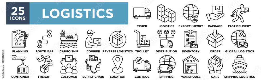 Logistics icon Collection Set. Containing design logistic,shipping,cargo ship,location,supply chain Logistics icon Collection Set. Containing design logistic,shipping,cargo ship,location,supply chain