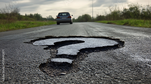 Dark Asphalt Road Surface with Question Mark Pothole and Distant Car Under Cloudy Sky Displaying Uncertainty and Risk