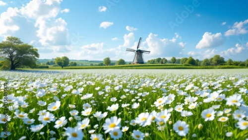 Fototapeta na wymiar Rural landscape with white flower fields and windmills