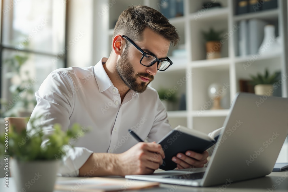 Fototapeta premium Focused businessman working at desk with laptop and notebook.