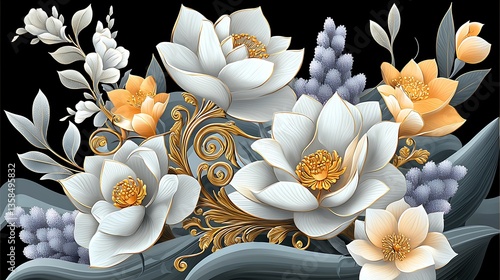 Elegant White Flowers Gold Accents.