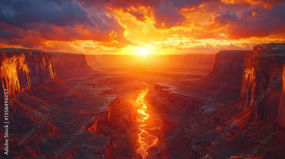 Fototapeta premium Fiery sunset over canyon river landscape.