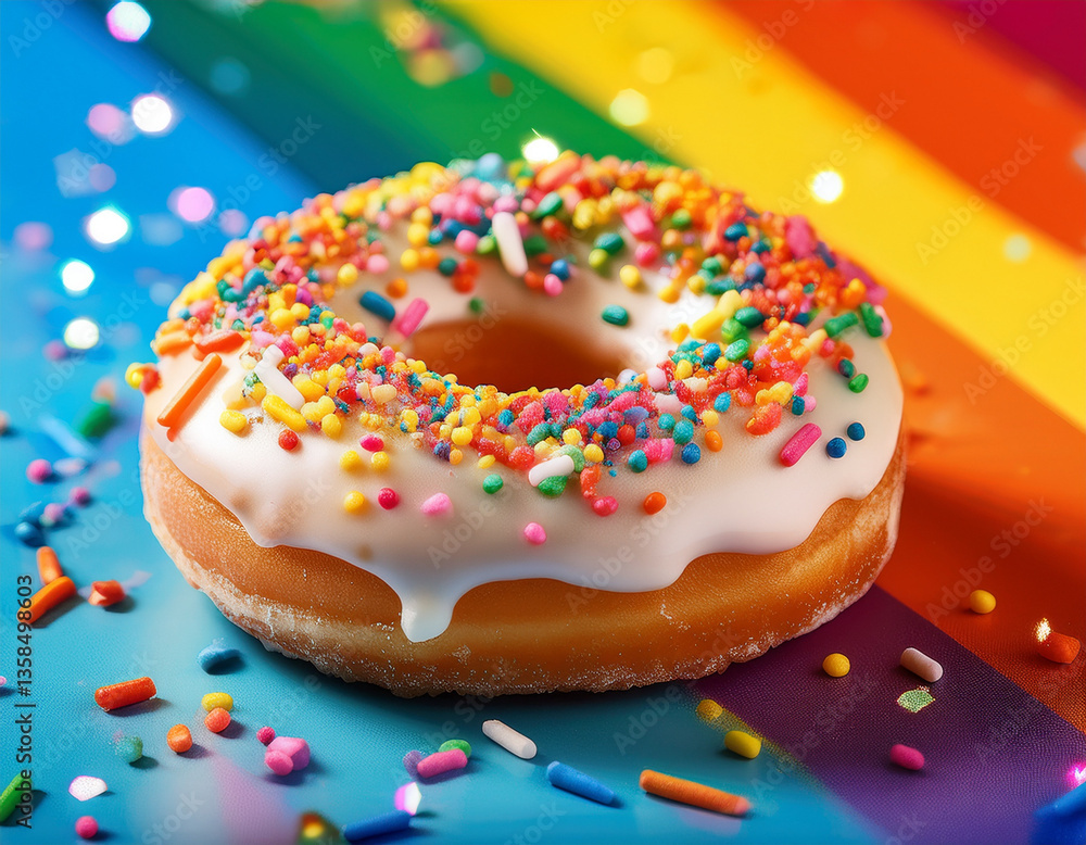 LGBTQ Donut, Frosted donut with rainbow pride sprinkles, gay queer flag background, vibrant colorful pride party LGBTQ Donut, Frosted donut with rainbow pride sprinkles, gay queer flag background, vibrant colorful pride party