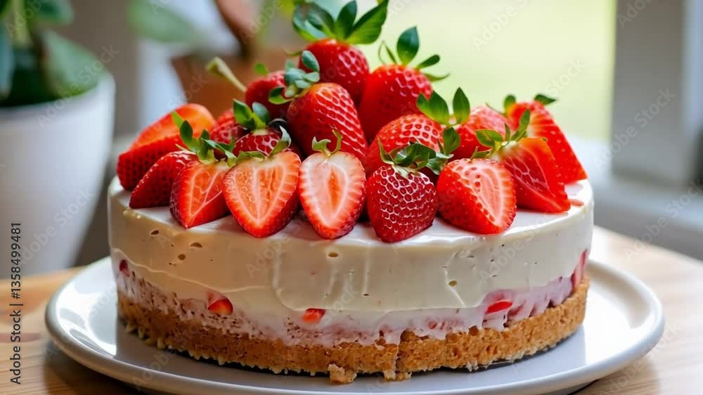 Strawberry Cake Delight: A mouthwatering strawberry cake adorned with fresh, ripe strawberries, an artistic presentation perfect for dessert enthusiasts. The layers, textures.