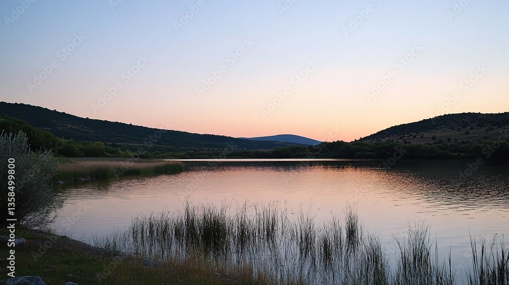 Peaceful Twilight Over Mountain Lake at Sunset Reflecting Colors Peaceful Twilight Over Mountain Lake at Sunset Reflecting Colors
