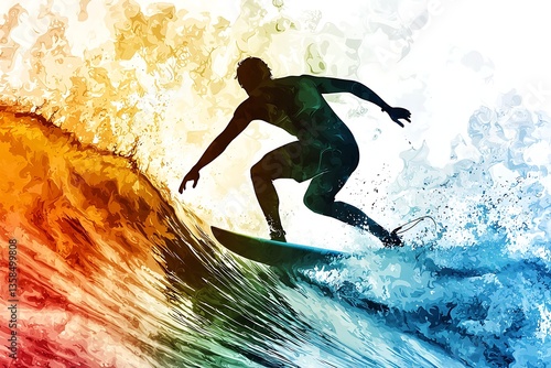 Surfer silhouette with wave action colors, great for beach sports or lifestyle advertising